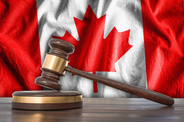martello di legno e bandiera del canada sullo sfondo - concetto di legge - canadian flag flag trial justice foto e immagini stock