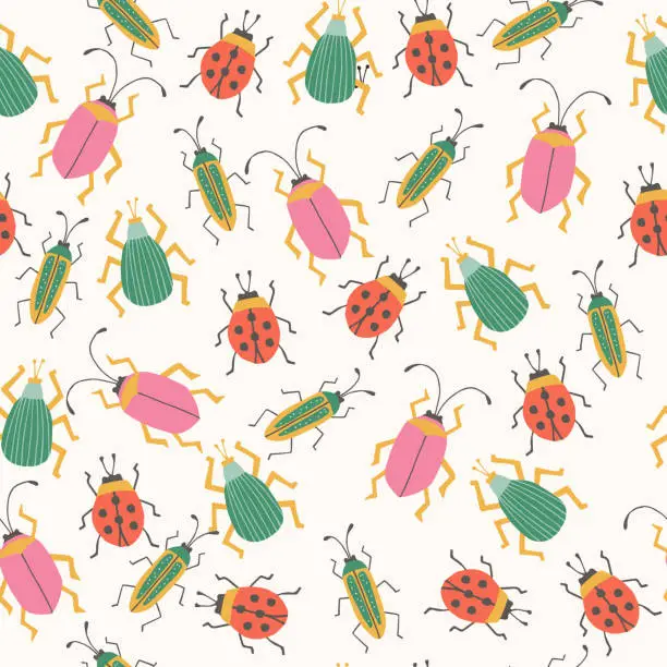 Vector illustration of Simple bugs seamless pattern. Cute baby bakcground