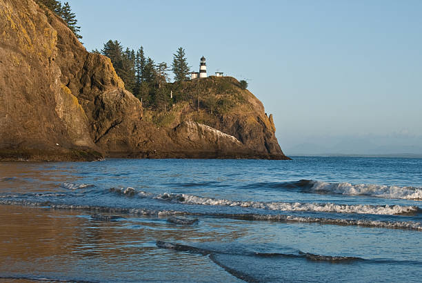 Lighthouse at Cape Disappointment Reflected in the Pacific Ocean With the advent of radar, GPS and other advanced navigation tools, lighthouses no longer need to perform the same function they once did; guiding ships to safety. Instead, they have been preserved as historic monuments; reminding us of a time when shipping and sailing were more perilous activities. The Cape Disappointment Lighthouse is located at Cape Disappointment State Park near Ilwaco, Washington State, USA. jeff goulden pacific ocean stock pictures, royalty-free photos & images