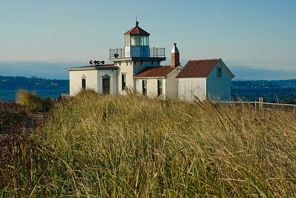 West Point Lighthouse With the advent of radar, GPS and other advanced navigation tools, lighthouses no longer need to perform the same function they once did; guiding ships to safety. Instead they have been preserved as historic monuments; reminding us of a time when shipping and sailing were more perilous activities. The West Point Lighthouse is located in Seattle, Washington State, USA. jeff goulden puget sound stock pictures, royalty-free photos & images