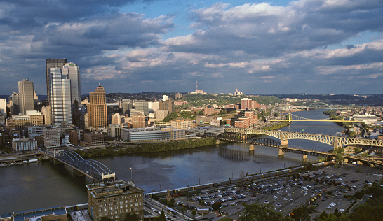 Pittsburgh, Pennsylvania Is located at the confluence of the Allegheny and Monongahela Rivers where they join to become the Ohio River. This view of the downtown skyline at dusk was taken from Mount Washington.