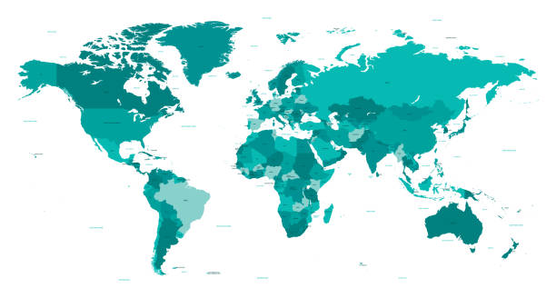 Map World Seperate Countries Turquoise vector art illustration