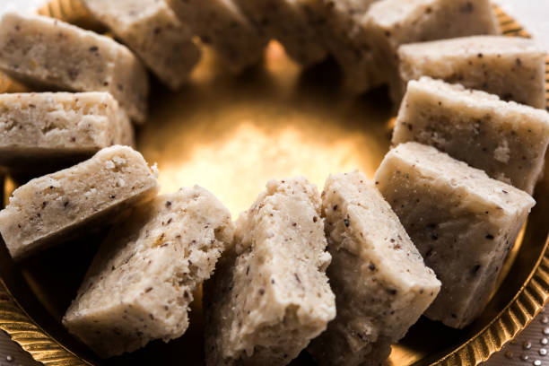 Fresh Nariyal Barfi / Coconut Burfi or Khobra Vadi, served in a bowl or plate over decorative background