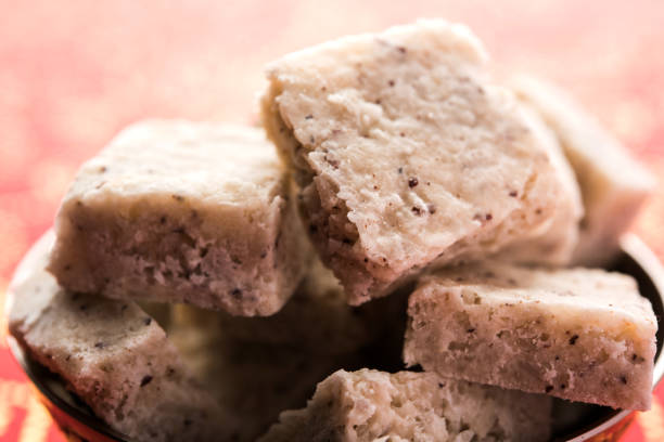 Fresh Nariyal Barfi / Coconut Burfi or Khobra Vadi, served in a bowl or plate over decorative background