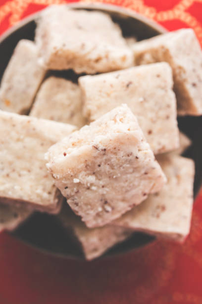 Fresh Nariyal Barfi / Coconut Burfi or Khobra Vadi, served in a bowl or plate over decorative background
