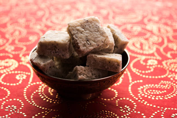 Fresh Nariyal Barfi / Coconut Burfi or Khobra Vadi, served in a bowl or plate over decorative background