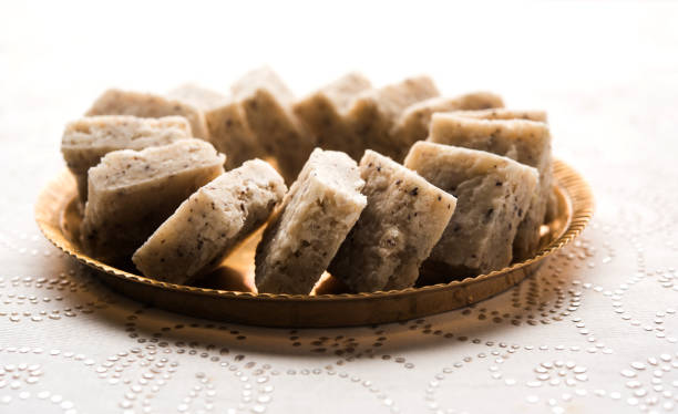 Fresh Nariyal Barfi / Coconut Burfi or Khobra Vadi, served in a bowl or plate over decorative background