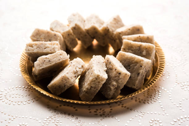 Fresh Nariyal Barfi / Coconut Burfi or Khobra Vadi, served in a bowl or plate over decorative background