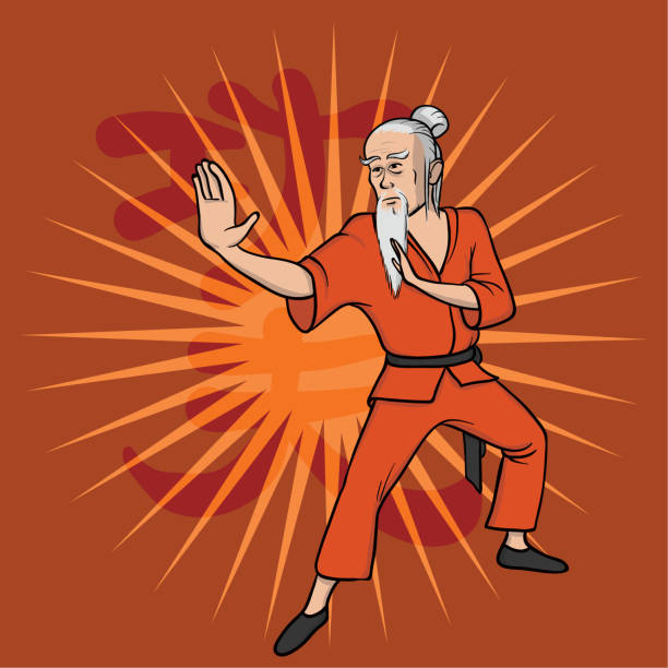 illustrazioni stock, clip art, cartoni animati e icone di tendenza di monaco shaolin che pratica il kung fu. arti marziali. illustrazione vettoriale, isolata in rosso. - shaolin warrior monk