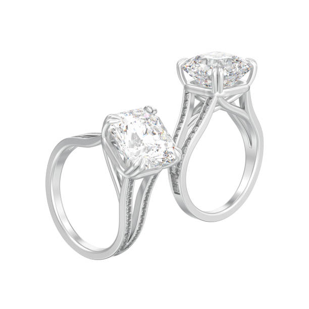istock 3D illustration isolated two silver engagement diamond rings 957319780
