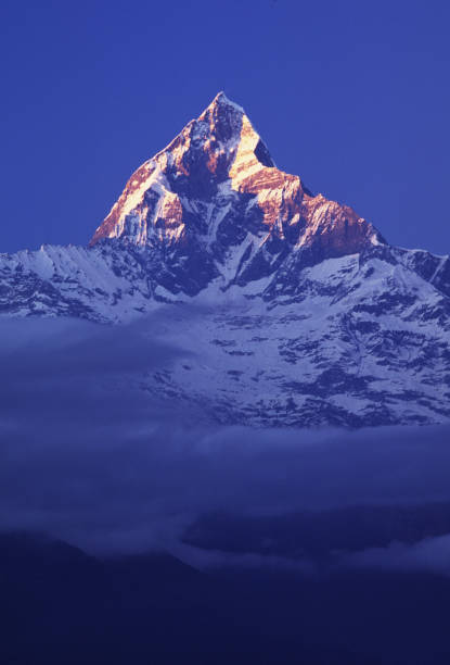 Ghandruk, Nepal - April 1, 2025: Porters are carrying large bag luggage at mountains valley during hiking to Annapurna Base Camp, with the snow-capped Himalayan peaks visible.