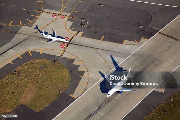 Aerial Of Airport Runway Stock Photo - Download Image Now - Airport, Airport Runway, Airplane