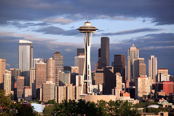 Cityscape with the Space Needle in Seattle Washington stock photo