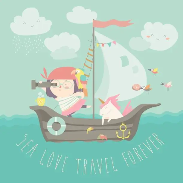 Vector illustration of Happy girl with her unicorn boating at their ship