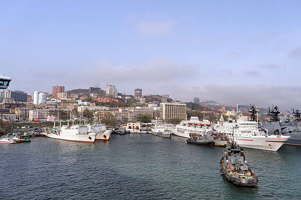 Many harbor features are in the image of the Russian Navy's main port in Vladivostok. Guided missile cruisers, hospital ship, tenders and other equipment with the city skyline in the background.