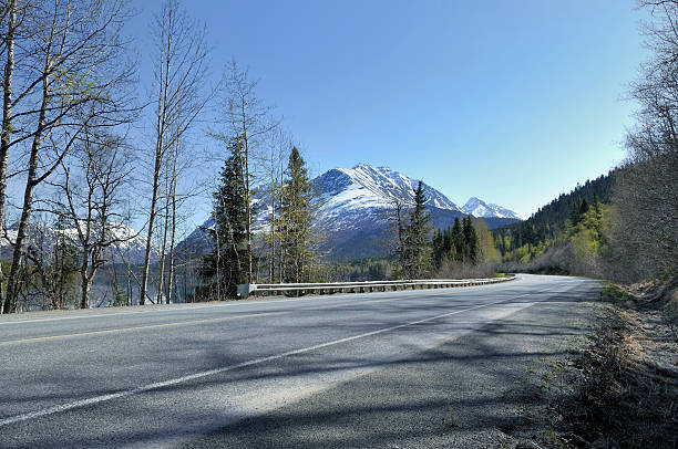 Seward Highway Evening View A roadside shot of the Seward Highway in Alaska on a spring evening. The Chugach mountains still have a trace of snow and the Willow trees are starting to leaf out. But otherwise its simply a two lane country road through some mountains. chugach mountains photos stock pictures, royalty-free photos & images