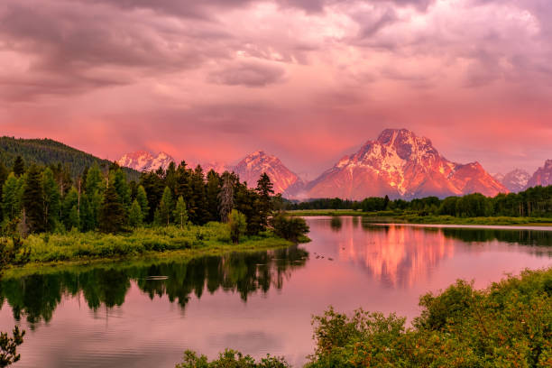 mountains in grand teton national park at sunrise. oxbow bend on the snake river. - snake river mt moran nature grand teton national park imagens e fotografias de stock