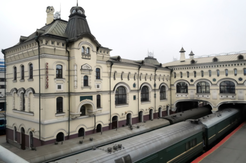 This is the eastern terminus of the Russian Trans-Siberian Railroad in Vladivostok with trains in the station.