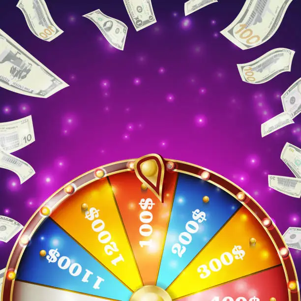 Vector illustration of Wheel Of Fortune Banner Vector. Win Fortune Roulette 3d Victory Object. Winner Bright Background. Illustration