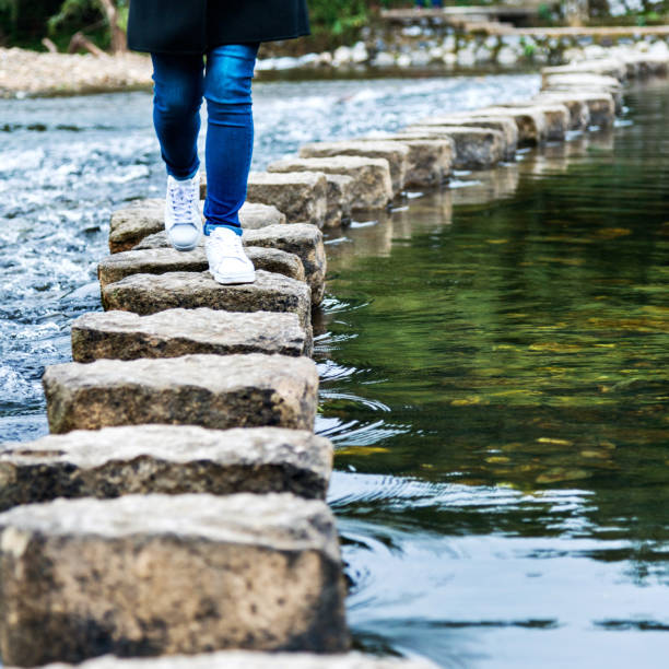 istock Woman crossing stepping stones on a river 957352756