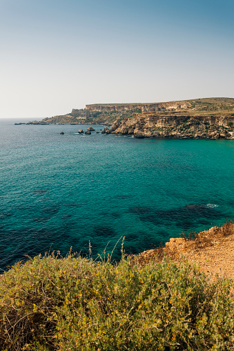The Golden Bay rocky coastline, Mellieha, Malta