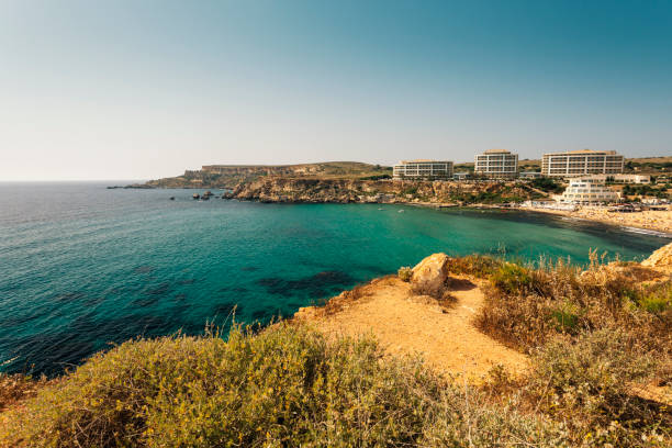 The Golden Bay rocky coastline, Mellieha, Malta