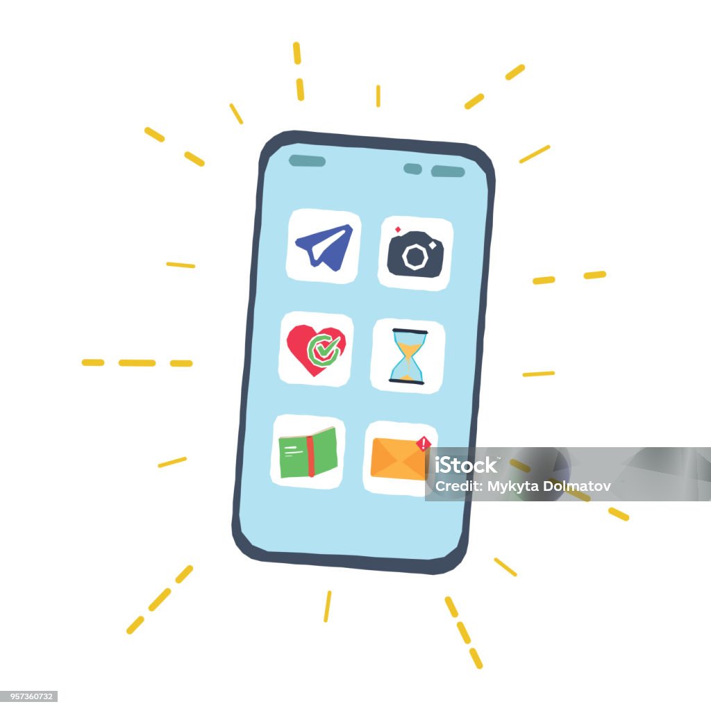 Ilustración de Ilustración De Dibujos Animados Vector De Smartphone Con La  App De Los Iconos En La Pantalla Smartphone En El Fondo y más Vectores  Libres de Derechos de Accesorio personal -