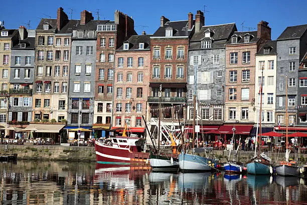 The very attractive port of Honfleur in the Calvados region of France (Normandy).  One of the most painted scenes in France (Monet, Courbet, etc.), it is known for its old, picturesque port, characterized by slate-covered frontages and played a role on the Impressionist movement.