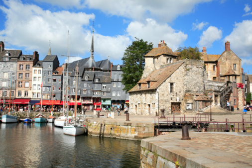 View of ancient buildings in the harbor in Honfleur, Normandy, France