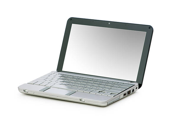3D illustration. Open laptop computer with file download symbol.