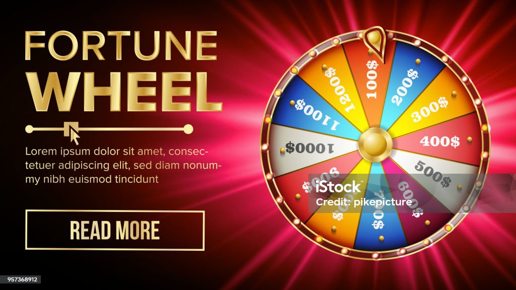 Wheel Of Fortune Vector. Gamble Chance Leisure. Colorful Gambling Wheel. Jackpot Prize Concept Background. Bright Illustration Fortune Wheel Design Vector. Casino Game Of Chance. Luck Sign. Lottery Design Brochure. Glowing Illustration Wheel Of Fortune stock vector