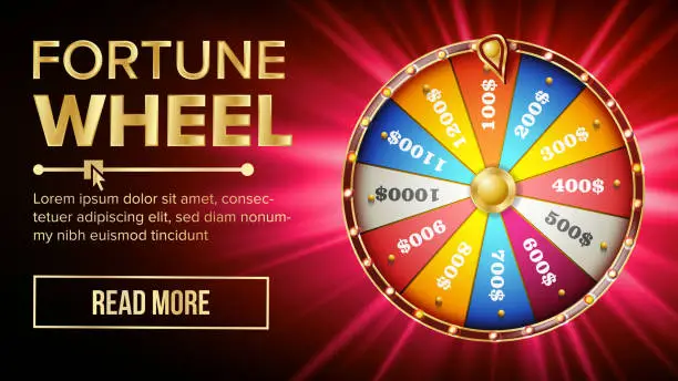 Vector illustration of Wheel Of Fortune Vector. Gamble Chance Leisure. Colorful Gambling Wheel. Jackpot Prize Concept Background. Bright Illustration