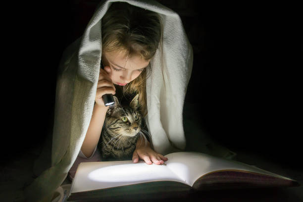 istock Girl with a cat reading a book with a flashlight in the dark under a blanket. 957369240