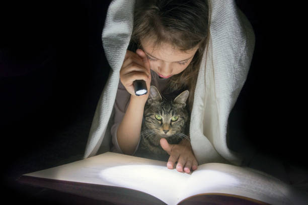 Girl with a cat reading a book with a flashlight in the dark under a blanket.