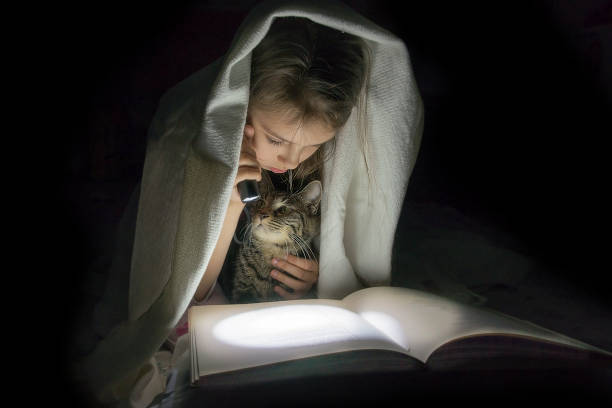 istock Girl with a cat reading a book with a flashlight in the dark under a blanket. 957369794
