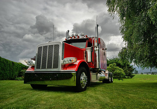 A close-up view of a black semi-truck door and exhaust pipe with a stormy sky in the background. The truck is parked and appears to be in excellent condition.