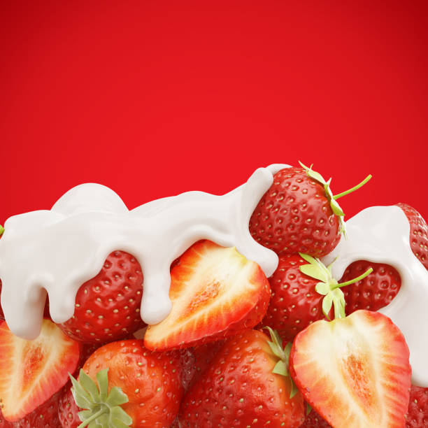 strawberry fruits and milk melted on red background - vitality food food and drink berry fruit imagens e fotografias de stock