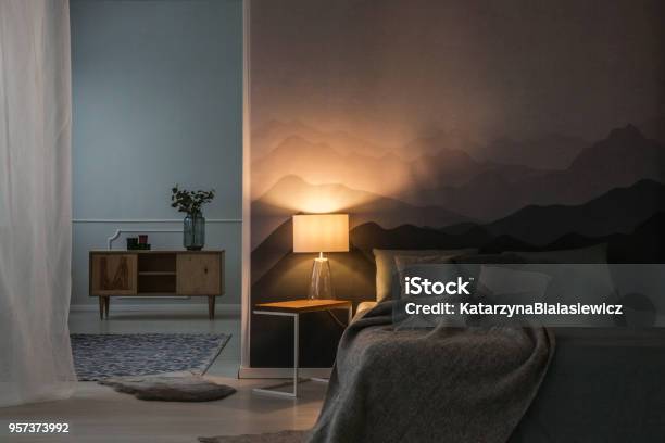 Bedroom Interior In The Night Stock Photo - Download Image Now - Bedroom, Night, Electric Lamp