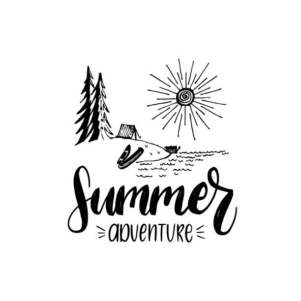 Summer adventure poster with lettering. Vector touristic label with hand drawn forest lake illustration. Camp emblem. Summer adventure poster with lettering. Vector touristic label template with hand drawn forest lake illustration. Camp emblem design. camping drawings stock illustrations