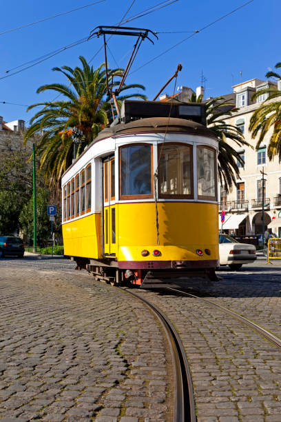 istock Iconic 100 year old Lisbon yellow tram in Campo das Cebolas 957380052