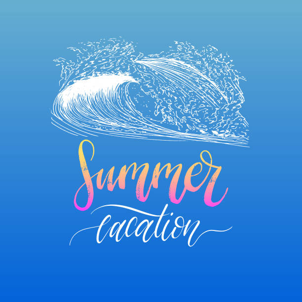 istock Summer Vacation hand lettering inspirational poster. Vector ocean wave illustration. Calligraphy on blue background 957382464