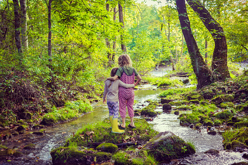 Two children stand on a rock in a river with arms around each other, beautiful, idyllic nature area, two sisters or friends exploring and having an adventure being affectionate
