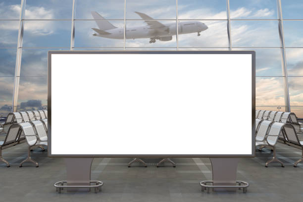 Airport departure lounge Airport departure lounge. Blank horizontal billboard stand and airplane on background. Include clipping path around advertising poster. 3d illustration airport terminal stock pictures, royalty-free photos & images