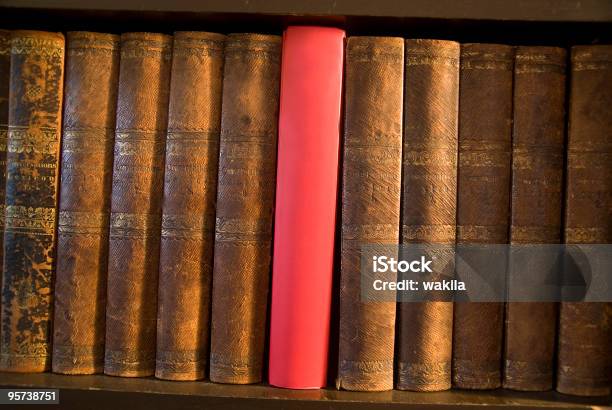 Innovation Books With One New Red Stock Photo - Download Image Now - Book, Legal System, Rack