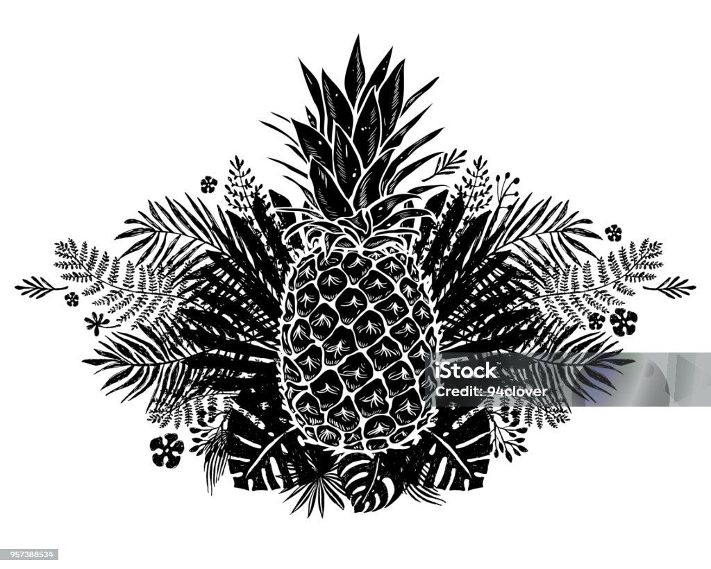 Image of black and white pineapple fruit lettering exotic on background. Image of black and white pineapple fruit lettering exotic on background. Vector illustration, design element for congratulation cards, t-shirt, print, banners and others Tattoo stock vector