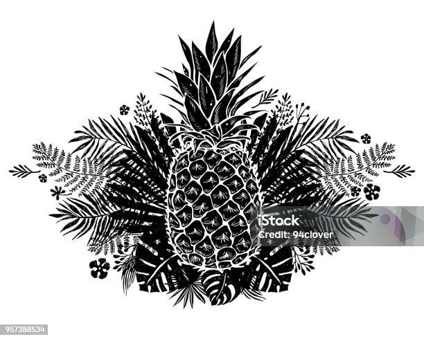 Image Of Black And White Pineapple Fruit Lettering Exotic On Background Stock Illustration - Download Image Now