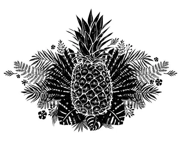 Vector illustration of Image of black and white pineapple fruit lettering exotic on background.