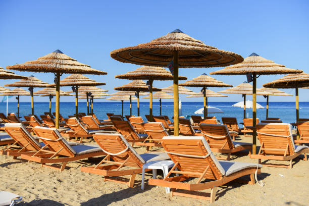 istock Chairs and umbrellas on the beach 957390058