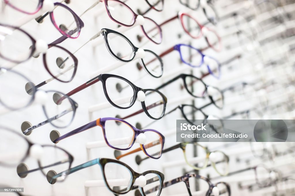 Eyeglasses Large group of eyeglasses in an eyewear store display. Eyeglasses Stock Photo