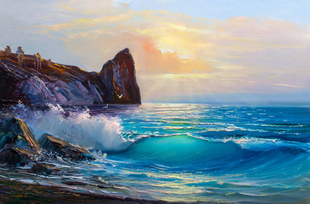 istock Sunset on the sea, painting by oil on canvas. 957397932